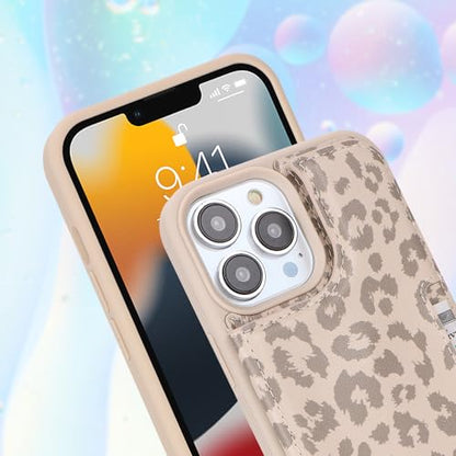 iCoverCase Compatible with iPhone 13 Pro Case with Card Holder, Wallet Phone Case for Women Men RFID Blocking PU Leather Protective Case 6.1 Inch (Beige Leopard) - color: Beige Leopard