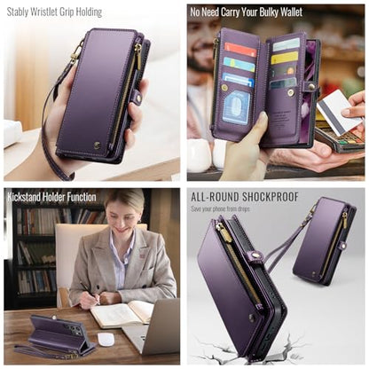 Defencase for Samsung Galaxy S22 Ultra Wallet Case with Card Holder, Purple | Durable PU Leather, with RFID Blocking Zipper Pocket, Wrist Strap, S22 Ultra Flip Phone Cases Cover with Stand for Women Men - color: Aesthetic Purple