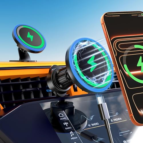Mag Safe Car Mount Charger, 3 in 1 [LED RGB HandsFree] Wireless Car Charger
