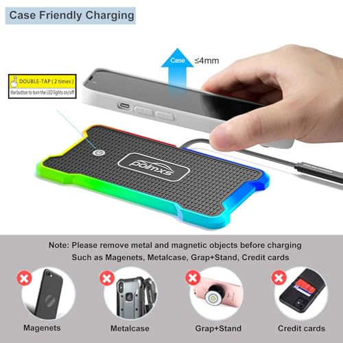 Wireless Charger Car Fast Charging pad, POLMXS Wireless Phone Charger Cell Phone RGB Light up Cordless Charging mat Compatible with iPhone 11/12/12/14/15 Galaxy S21/S22/S23/24 Airpod (C15 PAD)