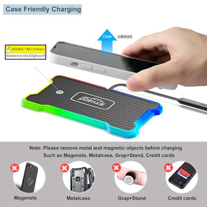 Wireless Charger Car Fast Charging pad, POLMXS Wireless Phone Charger Cell Phone RGB Light up Cordless Charging mat Compatible with iPhone 11/12/12/14/15 Galaxy S21/S22/S23/24 Airpod (C15 PAD)