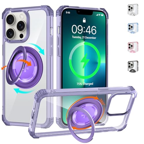 Clear Case for iPhone 13 Pro with Magnetic 360 Rotatable Ring Stand | Military Grade Heavy Duty Cover with 360 Rotatable Ring Kickstand -260417 - color: Clear Purple, size: iPhone 13 Pro