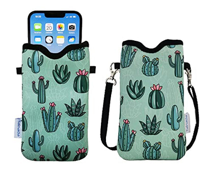 Tainada Neck Phone Pocket Pouch w/Crossbody Strap (Cactus Pattern Green) | For Men/Women; lightweight neoprene pouch; Compatible with iPhone 17/16 Pro Max, 16e, 16/15 Plus; Samsung S26/S25, A57/A56 - color: Cactus Pattern Green