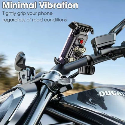 2026 Upgrade Motorcycle Phone Mount with 4-Point Vibration Damper, Anti-Shake Bike Phone Holder for Handlebar, Shockproof Bicycle Clip for iPhone 17 16 15 14 Pro Max, Samsung S25 S24, 4.7-7"