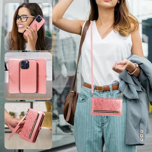 Asuwish Phone Case for iPhone 15 Pro 6.1 inch Zipper Wallet Magnetic Detachable Cell Cover with Tempered Glass Screen Protector Crossbody Strap Flower Card Holder i Phone15 i15 15Pro Women Rose Gold - color: Rose Gold