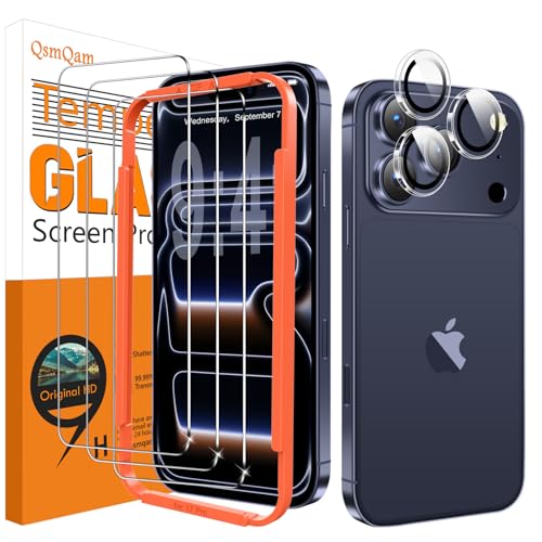 QsmQam 3 Pack Screen Protector for iPhone 17 Pro 6.3 Inch + 1 Pack Individual Camera Lens Protector, Ultra HD Tempered Glass, Military Grade Shatterproof, Case Friendly [with Installation Frame] - size: iPhone 17 Pro