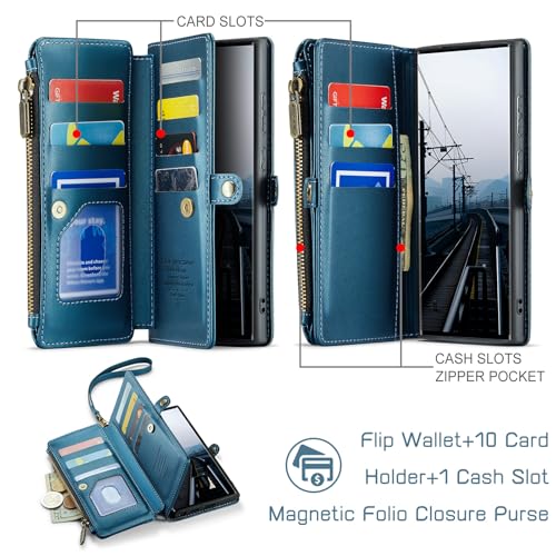 Defencase for Samsung Galaxy S22 Ultra Wallet Case with Card Holder, Blue | Durable PU Leather, with RFID Blocking Zipper Pocket, Wrist Strap, S22 Ultra Flip Phone Cases Cover with Stand for Women Men - color: Elegant Dark Blue