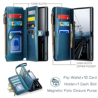 Defencase for Samsung Galaxy S22 Ultra Wallet Case with Card Holder, Blue | Durable PU Leather, with RFID Blocking Zipper Pocket, Wrist Strap, S22 Ultra Flip Phone Cases Cover with Stand for Women Men - color: Elegant Dark Blue