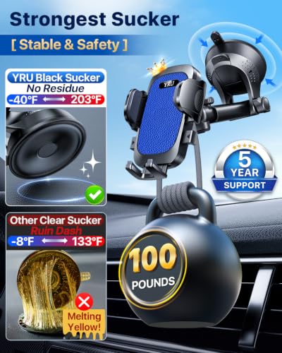YRU【True Military-Grade Safety & Patent Certs】360°Rotation Car Phone Holder【100+LBS Strong Suction & Clip】Windshield Dash Vent Cell Phone Mount Cradle for iPhone17 16 Pro Max Truck Samsung, Dark Blue - color: Dark Blue