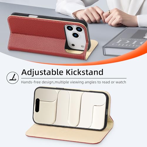 VISOUL Pebbled Leather Wallet Case for iPhone 17 Pro Max 6.9" 2025, Genuine Leather Flip Folio Cover with RFID Blocking Card Holders, Kickstand, Soft TPU Protective Flip Cover -Red+Milky White - color: Red+Milky White