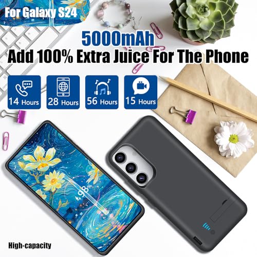 Sitong Upgraded Battery Case for Samsung Galaxy S24, 5000mAh Rechargeable Extended Battery Charging Charger Case, Add 100% Extra Juice, Not Compatible with S24+ or S24 Ultra (6.2 inch) Black