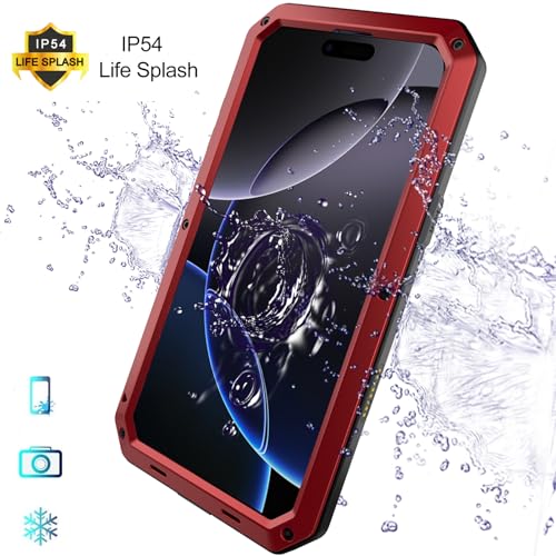 for iPhone 16 Pro Max Metal Case 6.9",Heavy Duty Shockproof Aluminum Alloy Tough Armour Military Phone Case,360 Full Body Protective Cover with Silicone Built-in Screen Protector - Red - color: Red