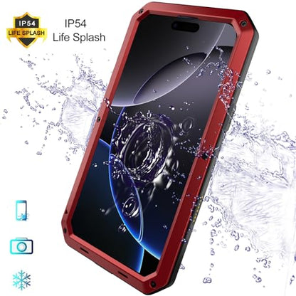 for iPhone 16 Pro Max Metal Case 6.9",Heavy Duty Shockproof Aluminum Alloy Tough Armour Military Phone Case,360 Full Body Protective Cover with Silicone Built-in Screen Protector - Red - color: Red