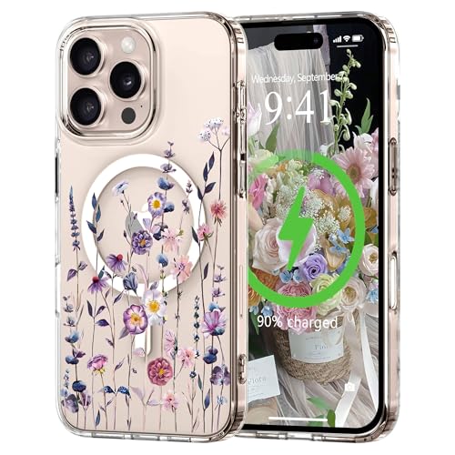 for iPhone 16 Pro Max Case Flower Clear Magnetic Floral,Muticolor | [Compatible with Magsafe], Cute Flower Girls Women Clear Case Silicone Shockproof Protective Cover with Pretty Floral Pattern - color: Muticolor, size: iPhone 16 Pro Max