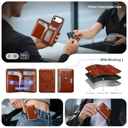 Antsturdy Compatible with MagSafe iPhone 17 Air Wallet Case,Brown | 2 in 1 Detachable Magnetic,Credit Card Holder Slots,RFID Blocking,PU Leather,Kickstand,Flip Folio Phone Cover for Men & Women - color: Brown, size: iPhone 17 Air - 6.5"