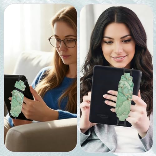 Secure Hand Strap for 6-7.5" Kindle and Tablets, Versatile Lightweight Faux Leather E-Book Grip Holder, Heavy-Duty E-Book Accessories for Reading Lover Gift (Green Marble) - color: Green Marble