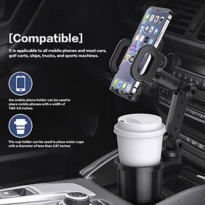 Car Cup Holder Phone Mount, Universal Auto Cell Phone Stand with Drink Expand Cup Holder,2 in 1 Multifunctional Car Cup Holder Expander with 360° Rotation Phone Mount