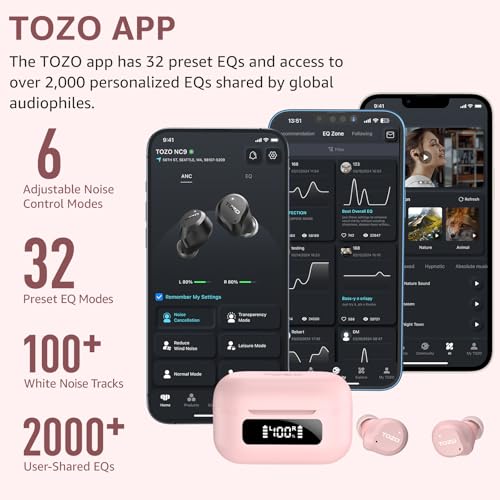 TOZO NC9 Hybrid Active Noise Cancelling Wireless Earbuds, 60H, LED Display - color: Dusty Pink
