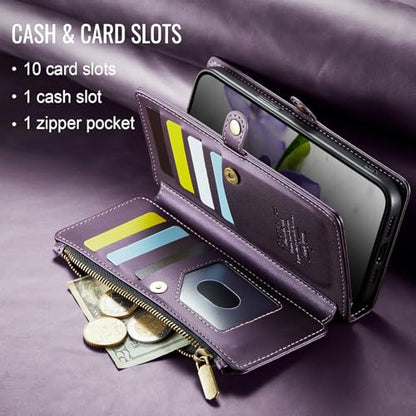 Defencase for iPhone 14 Plus Wallet Case with RFID Card Holder, Purple | Durable Soft PU Leather, with Zipper Pocket, Wrist Strap, Fashion Snap Flip Phone Cases Cover with Stand for Women and Men - color: Purple