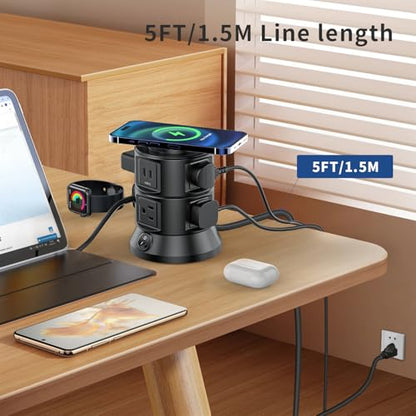 Power Strip Tower 1875W 15A with 15W Magnetic Wireless Charger, Dual-Layer Rotatable Design, 540 Joules Surge Protector Tower with 6 AC Outlets and 4 USB Ports(2USBA+2USBC), 5FT Braided Extension Cord - size: 1875W Tower