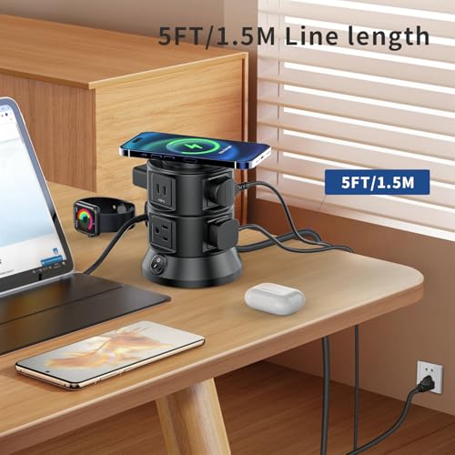 Power Strip Tower 1875W 15A with 15W Magnetic Wireless Charger, Dual-Layer Rotatable Design, 540 Joules Surge Protector Tower with 6 AC Outlets and 4 USB Ports(2USBA+2USBC), 5FT Braided Extension Cord - size: 1875W Tower