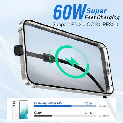 Adoreen USB A to C Cable 3.3 FT with Flat 90 Degree Right Angled C Port, 60W PD Fast Charging Cord, Slim Thin Braided, 480Mbps 20V/3A for Mobile Gaming, iPhone 17/16 Pro Max, Samsung, MacBook, iPad - size: 3.3FT, style: USB-A to C