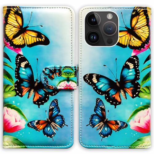 RFID Safe Case for iPhone 15 Pro Max,RFID Blocking,Blue/Gold Butterflies Leather Flip Phone Case Wallet Cover with Card Slot Holder Kickstand for iPhone 15 Pro Max - color: Blue/Gold Butterflies