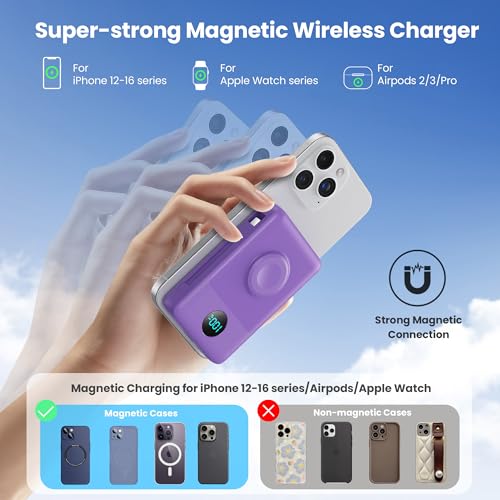 Ekrist Magnetic Portable Charger 10800mAh for MagSafe with Built-in Cable,iWatch Charger,Wireless Power Bank Travel Essentials,25W Fast Charging Battery Pack for iPhone 17/16/15/14,Apple Watch(Purple) - color: Purple