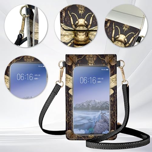 for Women Cell Phone Purse,with Touchscreen Cell Phone Purse,PU Leather Shoulder Bag Waterproof Phone Wallet Case with Clear Touch Screen Window up to 6.7 inch Smartphone, - color: Black and Gold Bees -249