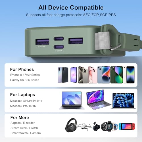 NOBIS Portable Charger 20000mAh 45W Power Bank w/Detachable Cable - color: Green