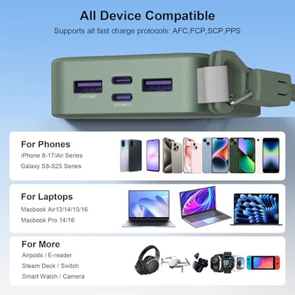NOBIS Portable Charger 20000mAh 45W Power Bank w/Detachable Cable - color: Green