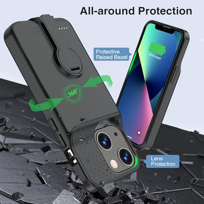 GIN FOXI Battery Case for iPhone 13/13 Pro/14/14 Pro Rechargeable Charging Case with Stand 7000mAh Ultra-Slim Anti-Fall Protection Extended Charger Cover for 14/14Pro/13/13 Pro 6.1" Black