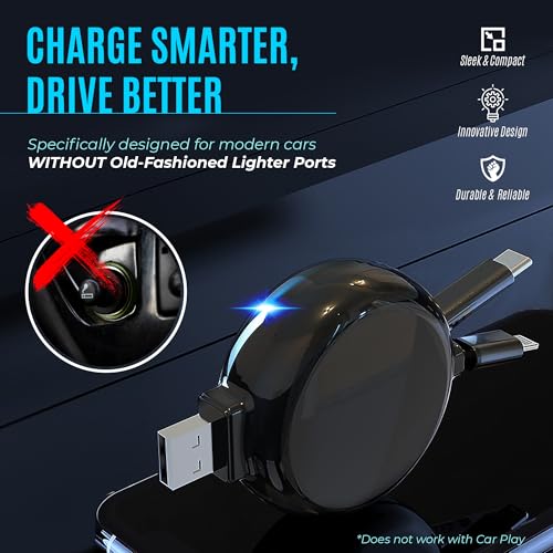 2-in-1 Retractable Charger for Car iPhone and Android, Wall Outlet or PC | Modern Car Charger Retractable Cord | 15W Fast Charging | Does not Work with CarPlay