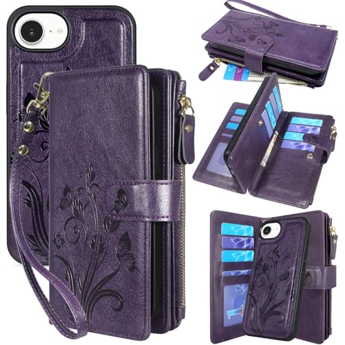 Case Wallet Compatible with iPhone 16e/17e, [12 Card Slots] ID Credit Cash Holder Zipper Pocket Detachable Leather Wallet Cover with Wrist Strap Lanyard（Floral Dark Purple） - color: Floral Dark Purple