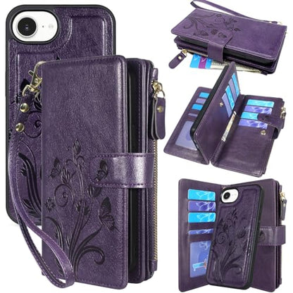 Case Wallet Compatible with iPhone 16e/17e, [12 Card Slots] ID Credit Cash Holder Zipper Pocket Detachable Leather Wallet Cover with Wrist Strap Lanyard（Floral Dark Purple） - color: Floral Dark Purple