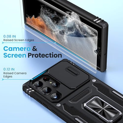 for Samsung Galaxy S22 Ultra Case with 2 PCS HD Screen Protector, Military Grade Drop Protection Metal 360 ° Rotating Ring Kickstand Slide Camera Cover, Shockproof for Galaxy S22 Ultra Case, Black | 2 PCS HD Screen Protector, Magnetic Metal 360 ° Rotating