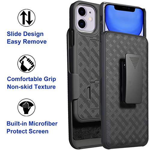 for iPhone 11 Belt Clip Case, Stand Holster Screen Protector-Black | Swivel Kickstand Holder, Slim Shell Slide Pouch Full Body Protective, Rugged Heavy Duty Shockproof Outdoor Cell Phone Cover