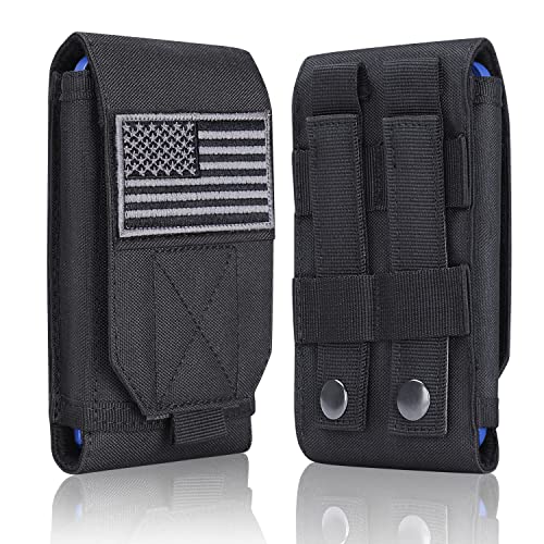 Black Tactical Molle Cellphone Pouch Case,Heavy Duty Waterproof Phone Holster Bag for iPhone 11 12 13 Pro Max for Samsung S22 S21 S20 FE Note 20 A02S Less 6.7" Phone with 2 Pack US Flag Patch - color: Black & 2 Gray Patches