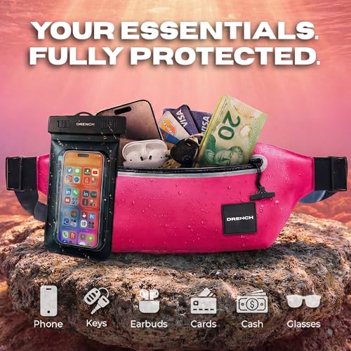Drench Waterproof Fanny Pack & Floating Phone Pouch | IPX8 Submersible Waist Pack Dry Bag for Beach, Pool, Cruise Travel, Girls Trips, Snorkeling, Kayaking & Water Sports | Pink - color: Hot Pink
