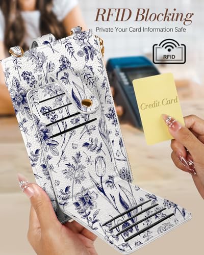 Miss Adola RFID Cell Phone Purse Crossbody Bag for Women | RFID Blocking, Card Slots, Dual Straps, Leather Phone Wallet, Magnetic Buckle, Smooth Zipper, Crossbody Purse for Daily Use - color: Bu Line Flower