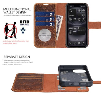 Leather Case Compatible with iPhone 17 Wallet 6.3" Dark Brown | Genuine Leather 2-in-1 Magnetic Detachable Shockproof,Flip Folio Cover with Card Slot, Wireless Charging RFID Blocking - color: Dark brown, size: 17