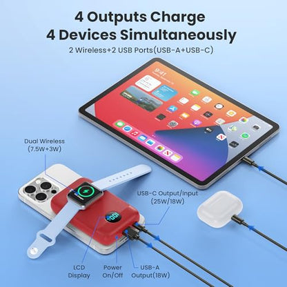 Magnetic Portable Charger for iPhone,10800mAh 4-in-1 Power Bank with iWatch Charger,25W PD Fast Charging Battery Pack for Magsafe,iPhone 17/16/15/14/13/12 Series,Apple Watch,Travel Essential,Red - color: Red