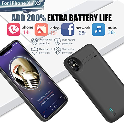 Battery Case for iPhone X & iPhone Xs, 5000mAh Rechargeable Extended Battery Charging Charger Case, Add 2X Extra Juice, Support Wired Headphones (5.8 inch) Black