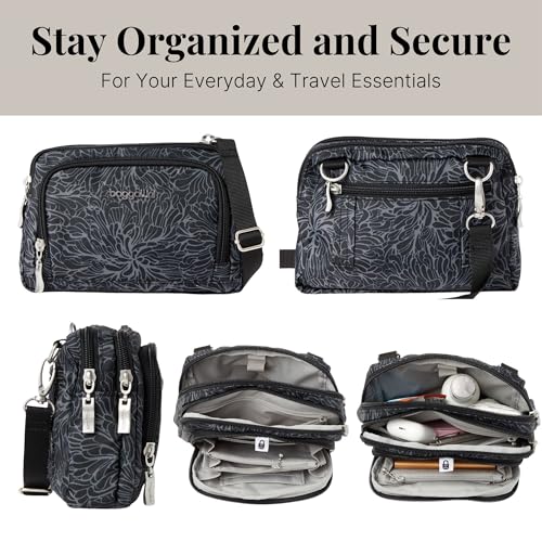 Baggallini Triple Zip with Front Wallet/Trifecta RFID Wallet Crossbody - color: Midnight Blossom