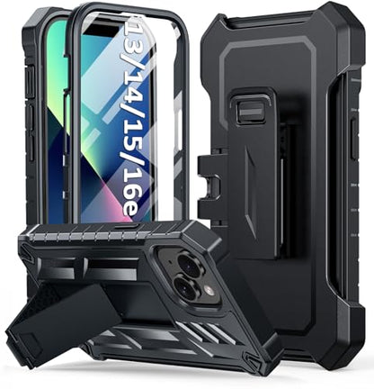 SOiOS for iPhone 13/14/15 Phone Case with Built-in Screen Protector | with Kickstand, 20FT Military-Grade Drop Shockproof Protection, Durable Matte Textured, Rugged Heavy Duty iPhone 16e Cover - color: Black-Belt