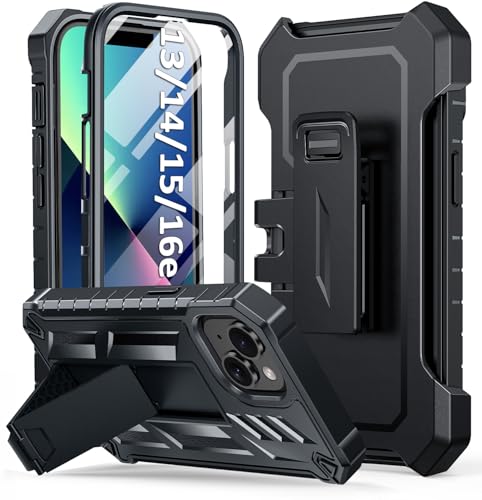 SOiOS for iPhone 13/14/15 Phone Case with Built-in Screen Protector | with Kickstand, 20FT Military-Grade Drop Shockproof Protection, Durable Matte Textured, Rugged Heavy Duty iPhone 16e Cover - color: Black-Belt