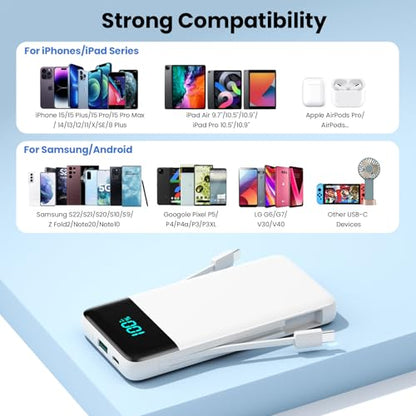 Portable Charger Power Bank for iPhone with Built-in Cables and AC Wall Plug, 13800mAh Ultra Slim Travel Essentials,USB C Fast Charging External Battery Pack for iPhone 17/16/13,Galaxy,Android-White - color: White