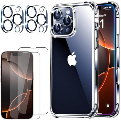 5 in 1 Clear Case for iPhone 16 6.1-Inch, with 2 Pack Full Coverage Tempered Glass Screen Protectors and Camera Lens Protectors, Non-Yellowing Shockproof Bumper Phone Cover - size: iPhone 16
