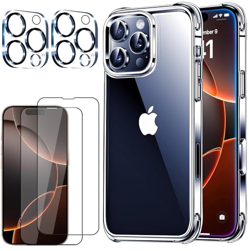 5 in 1 Clear Case for iPhone 16 Pro Max 6.9-Inch, with 2 Pack Full Coverage Tempered Glass Screen Protectors and Camera Lens Protectors, Non-Yellowing Shockproof Bumper Phone Cover - size: iPhone 16 Pro Max