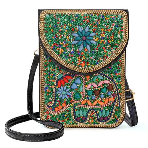 Small Beaded Crossbody Bag for Women, Boho Cell Phone Shoulder Purse Wallet with Handcrafted Colorful Beads - color: Elephant